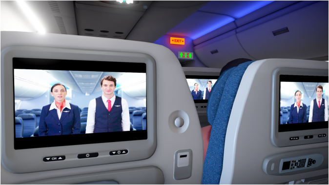 Screenshot from Airplane Mode. The entertainment consoles in three seatbacks are simultaneously playing an inflight safety video featuring a male and female steward.